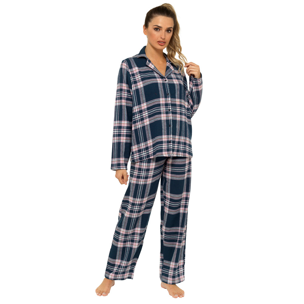 Ladies Button Through Checked Pajama Set