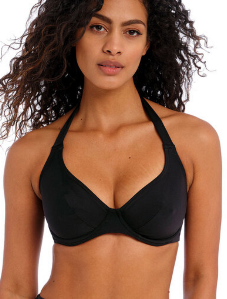 Freya Jewel Cove Underwire High Apex Bikini Top With J Hook, Black Plain | Plain Black Bikini | Black Plunge Swimwear