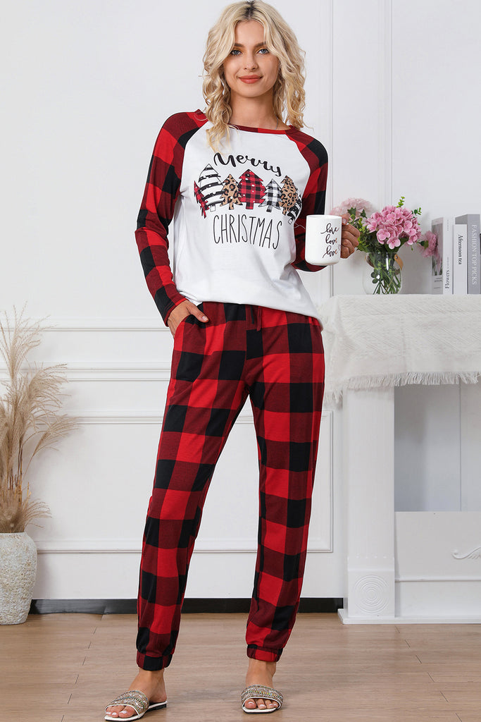 Christmas Pajama Sets | Fiery Red Plaid Merry Christmas Graphic Loungewear Set | Christmas Gift Ideas