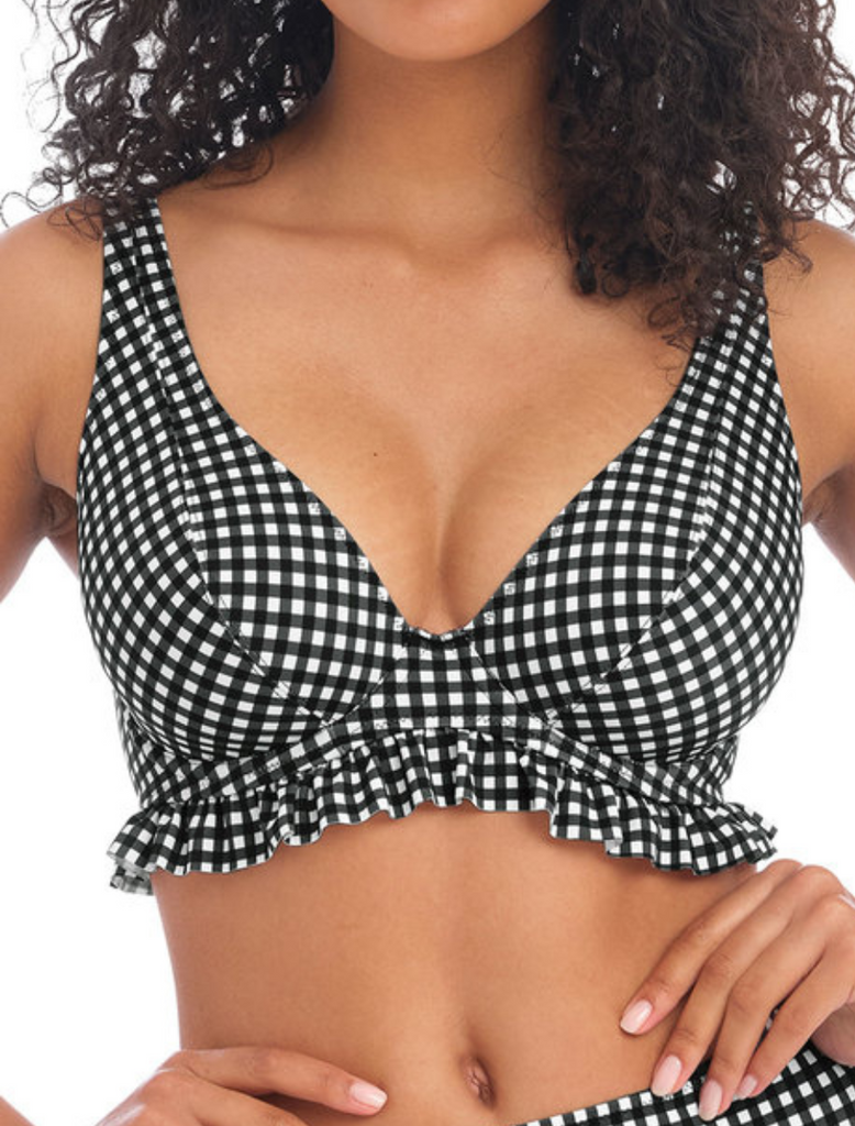 Top de bikini de ápice alto con aros y gancho en forma de J Freya, negro y blanco | Tops de bikini Freya a cuadros