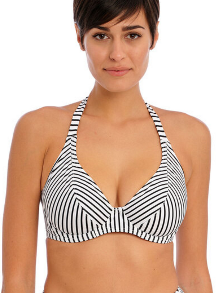 Mujer Top De Bikini Halter Con Bandas Y Con Aros Jewel Cove, Rayas Negras | Top de bikini halter Freya negro a rayas