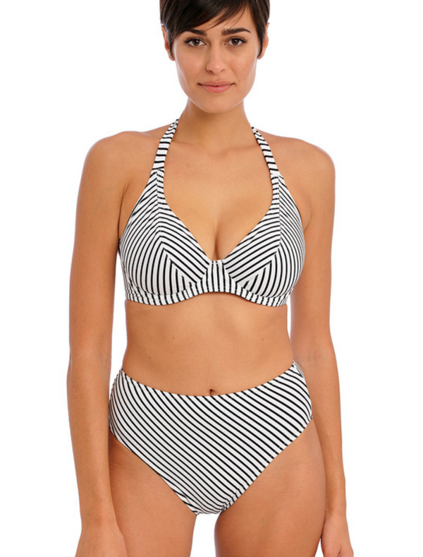 Freya Jewel Cove High Waist High Leg Swim Briefs, Stripe Black | Stripe Black High waist Swim Briefs | Striped Black High Waist Bikini Briefs