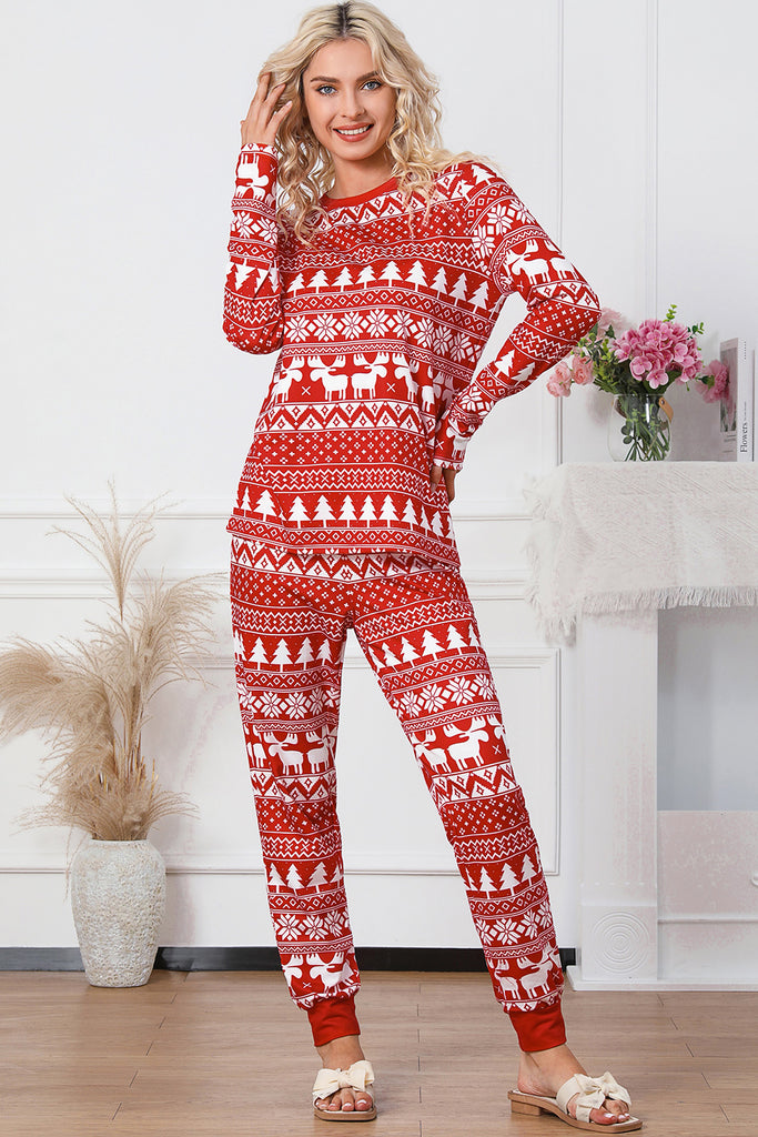 Conjunto de salón con pantalones y jersey con reno y árbol de Navidad en rojo fuego | Conjunto de pijama navideño para mujer