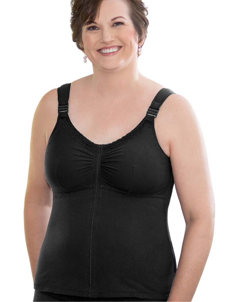 American Breast Care Post Surgical Camisole With Drain Management Black | Black Front Fastening Mastectomy Bra
