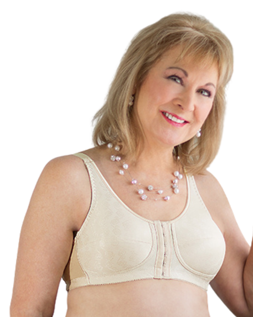 American Breast Care 123 sujetador con contorno de rosa con cierre frontal, beige | Sujetadores de mastectomía ABC | Sujetadores de Mastectomía Beige