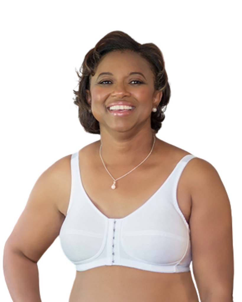 American Breast Care 123 sujetador con contorno de rosa con cierre frontal, blanco | Sujetadores de mastectomía con cierre frontal blanco