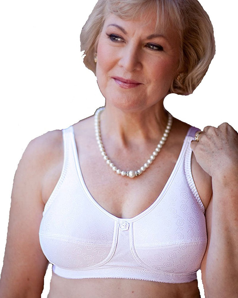 Sujetador con contorno de rosas American Breast Care, blanco | Sujetador de mastectomía blanco | Sujetadores de mastectomía con bolsillos blancos