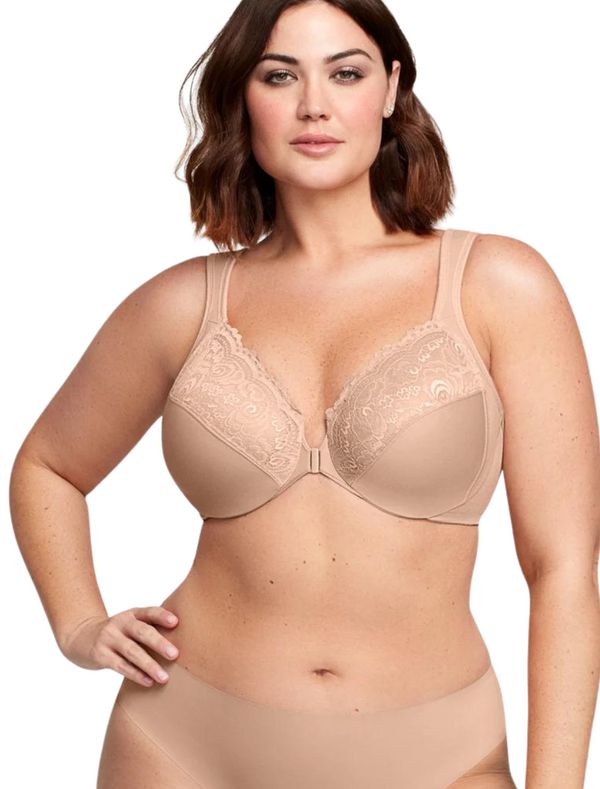 Glamorise WonderWire Front Closure Lace Smoothing Underwire Bra, Cafe